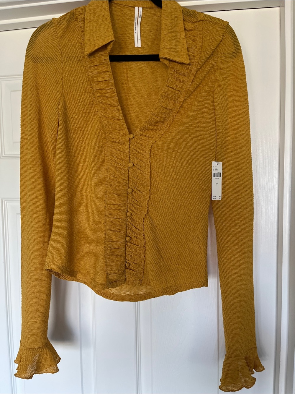 Anthropologie Mustard Ruffle-Front Button Down Blouse